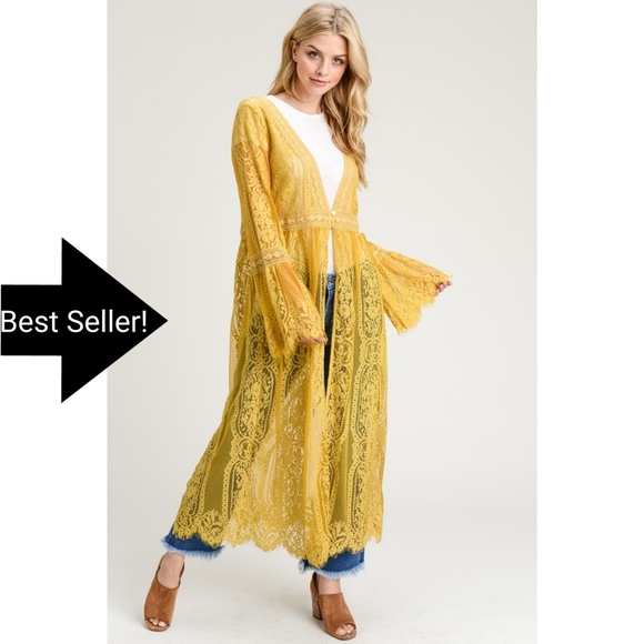 Fall Long Lace Duster In Mustard Yellow 